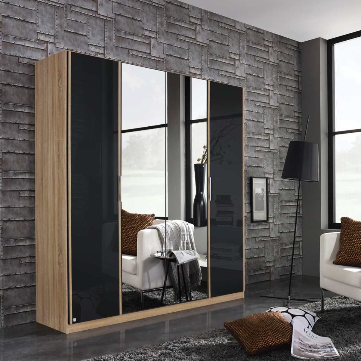 Oakwood Rauch Essensa Type E Sonoma Oak & Basalt Glass Hinged Wardrobe With Mirror