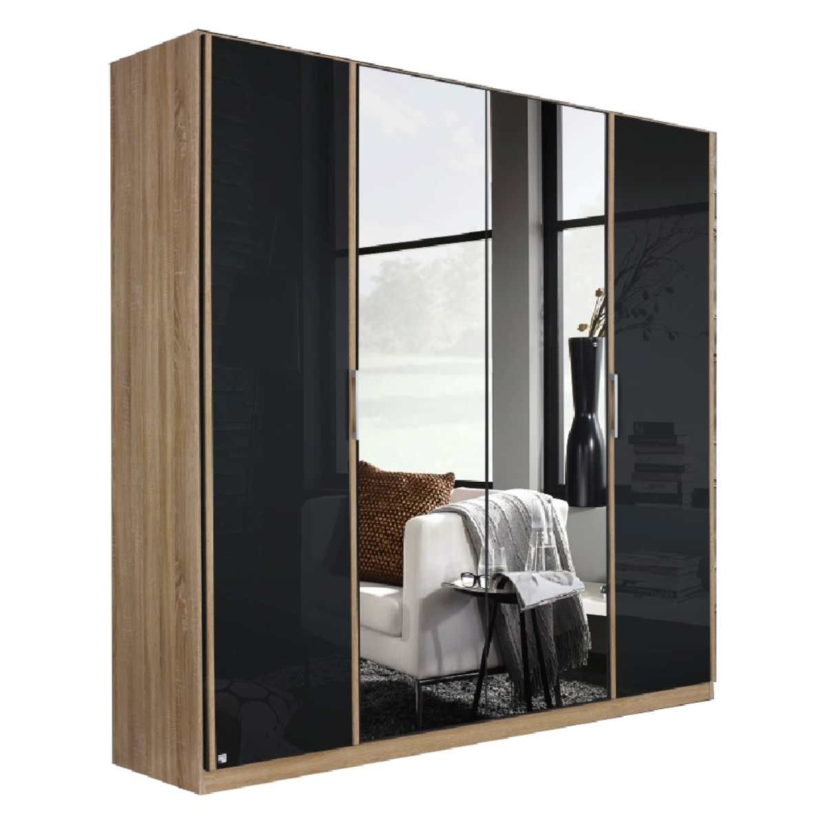 Oakwood Rauch Essensa Type E Sonoma Oak & Basalt Glass Hinged Wardrobe With Mirror