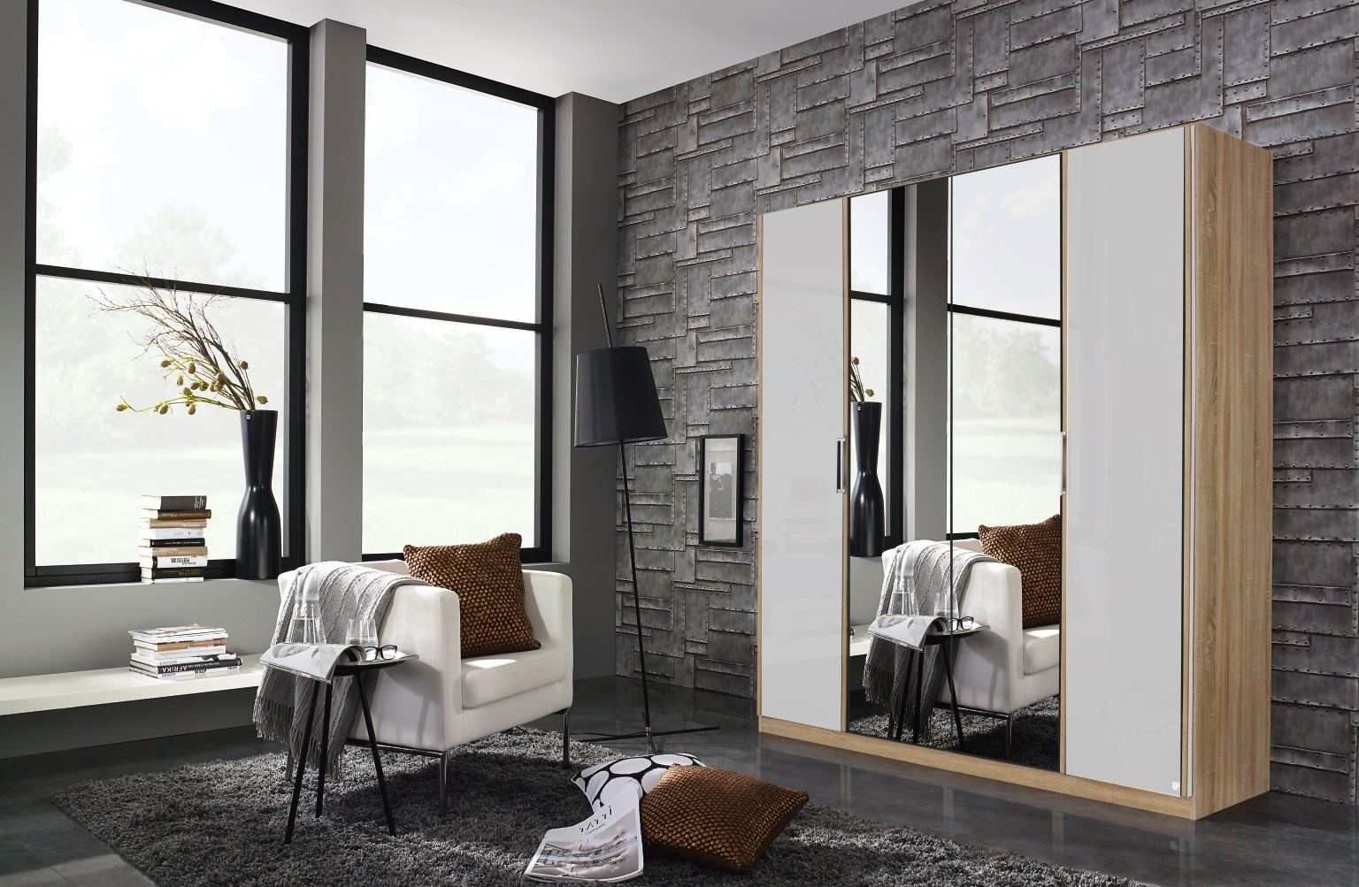 Oakwood Rauch Essensa Type E Sonoma Oak & Basalt Glass Hinged Wardrobe With Mirror