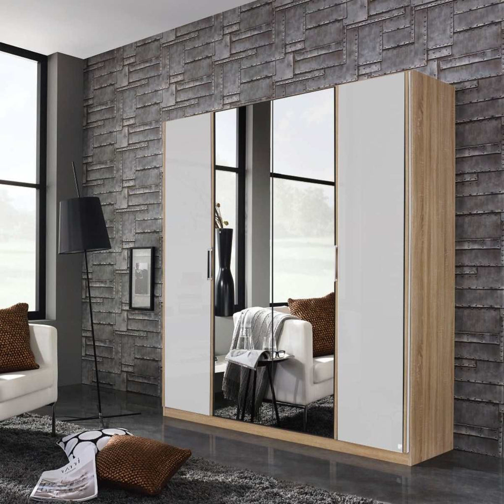 Oakwood Rauch Essensa Type E Sonoma Oak & Basalt Glass Hinged Wardrobe With Mirror