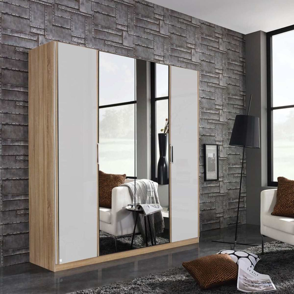 Oakwood Rauch Essensa Type E Sonoma Oak & Basalt Glass Hinged Wardrobe With Mirror
