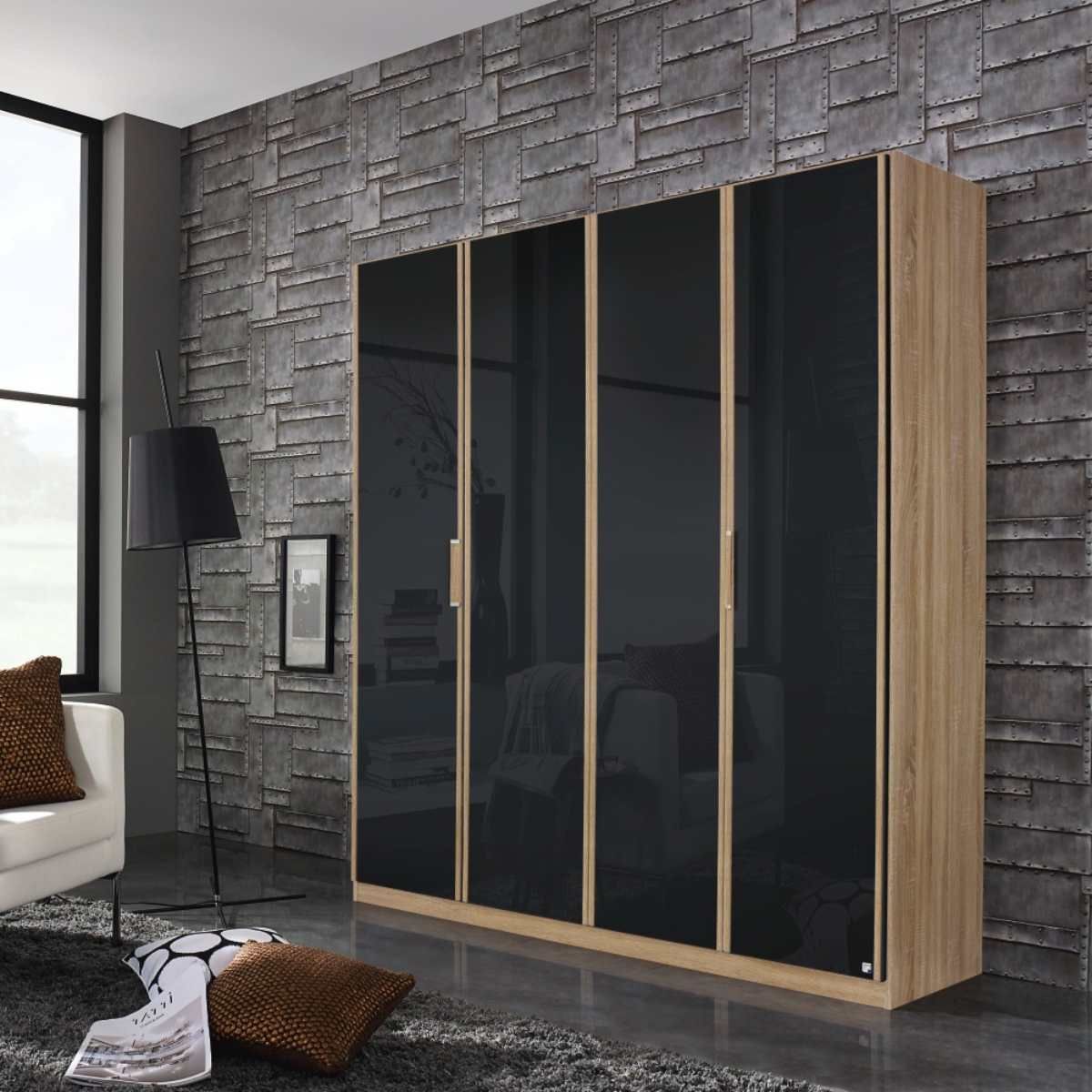 Oakwood Rauch Essensa Door Basalt Glass & Sonoma Oak Hinged Wardrobe