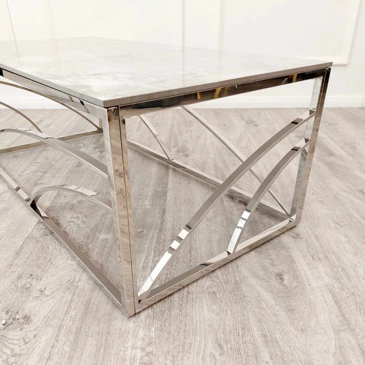 Oakwood Stella Chrome Coffee Table with Stomach Ash Grey Sintered Top