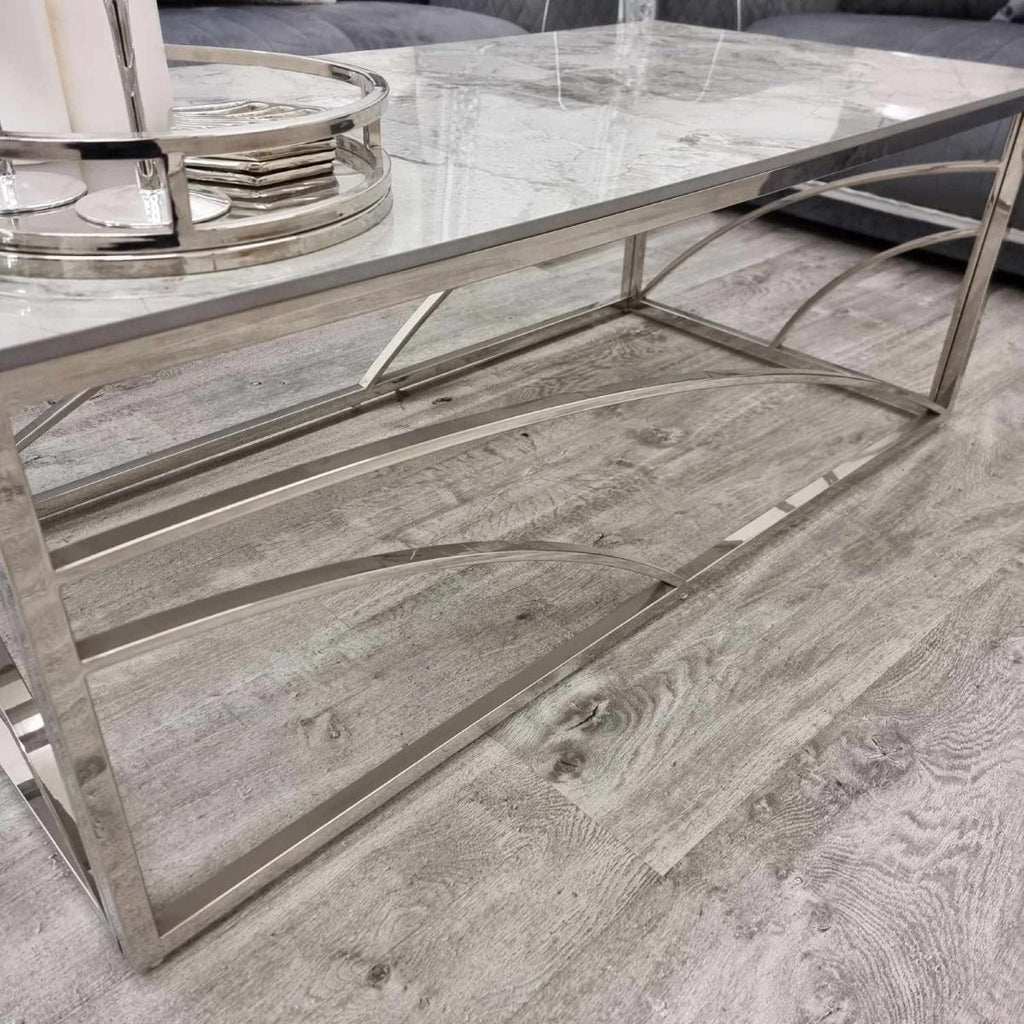 Oakwood Stella Chrome Coffee Table with Stomach Ash Grey Sintered Top