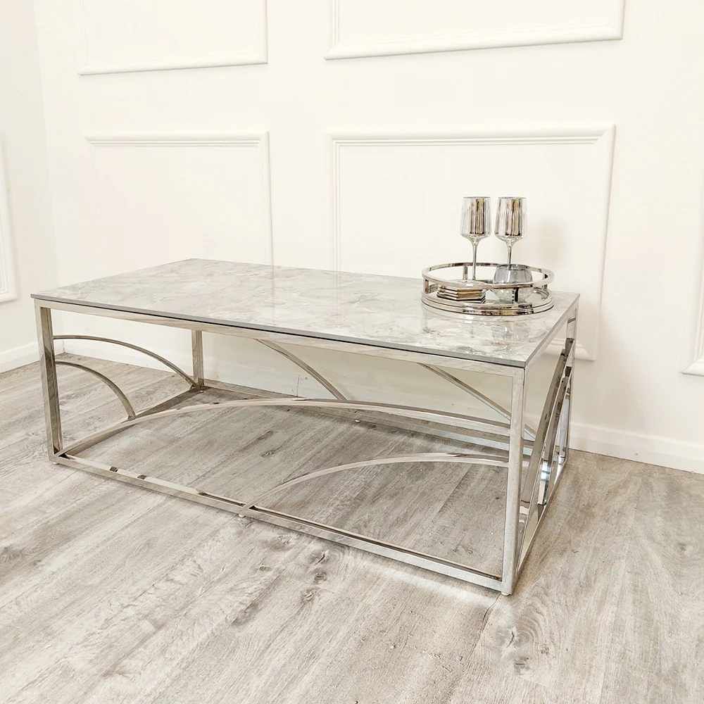 Oakwood Stella Chrome Coffee Table with Stomach Ash Grey Sintered Top