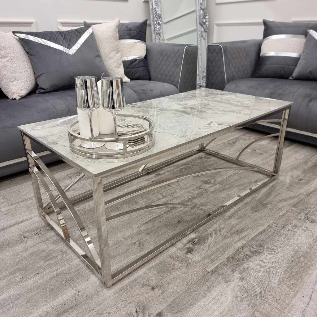 Oakwood Stella Chrome Coffee Table with Stomach Ash Grey Sintered Top