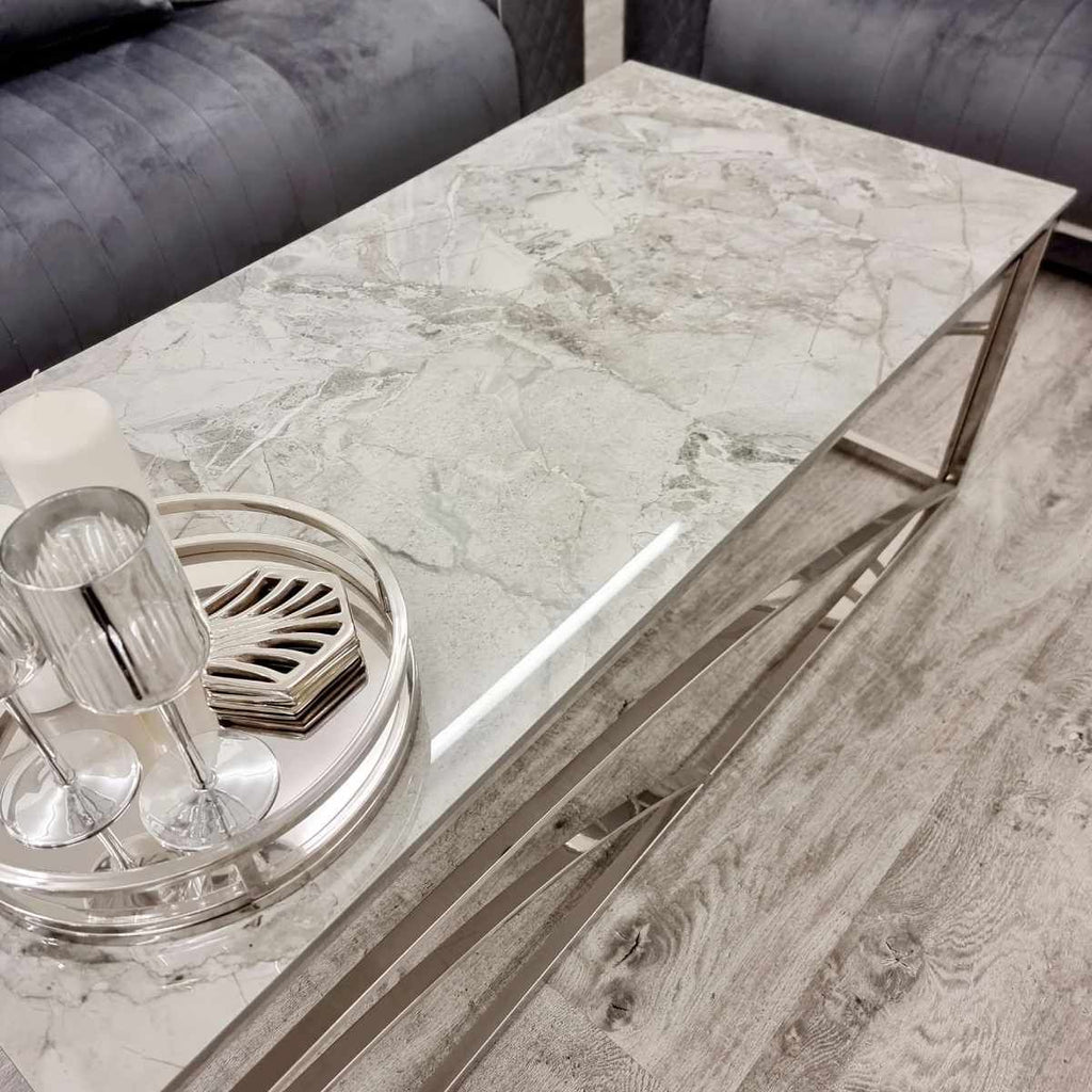 Oakwood Stella Chrome Coffee Table with Stomach Ash Grey Sintered Top