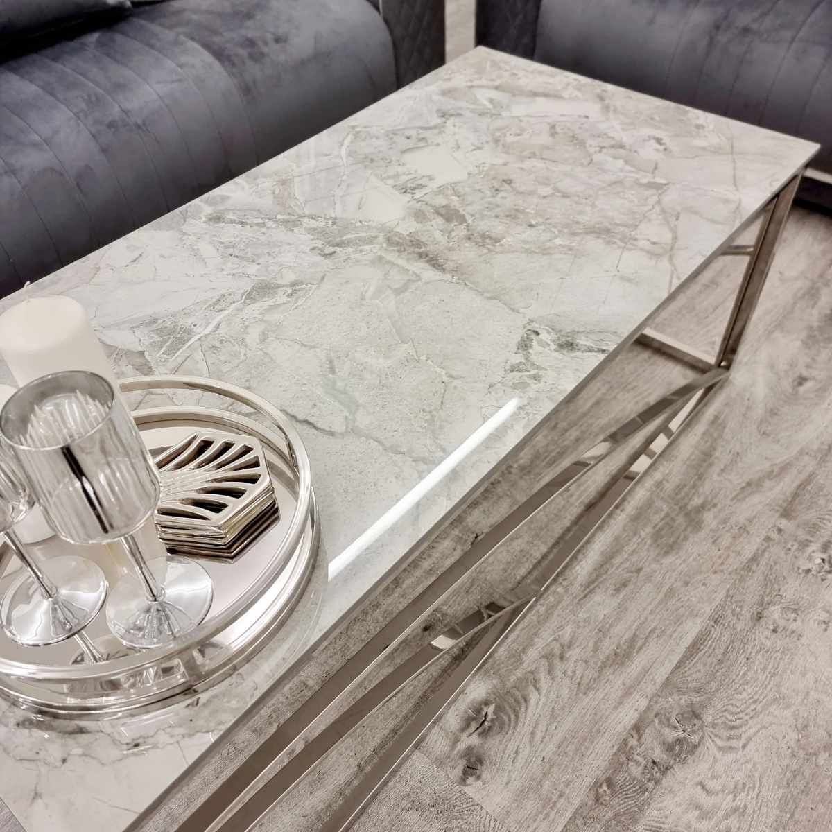 Oakwood Stella Chrome Coffee Table with Stomach Ash Grey Sintered Top