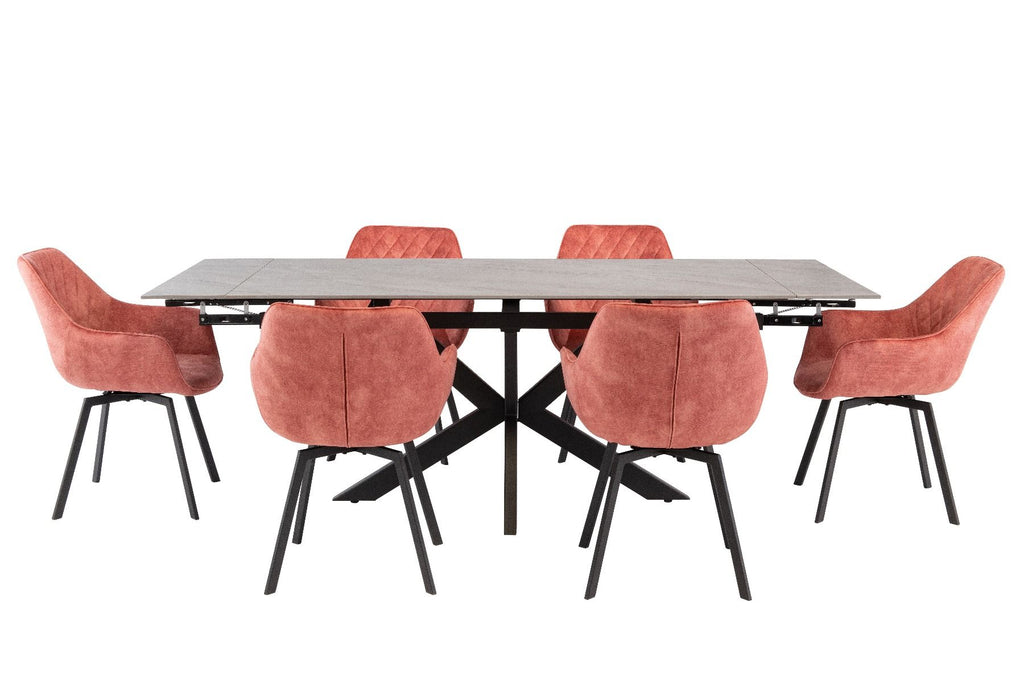 Oakwood Sutton 1.7m (+0.5m) Extending Dining Table - Vilas Grey with Viola Swivel Dining Chairs - Pink Velvet