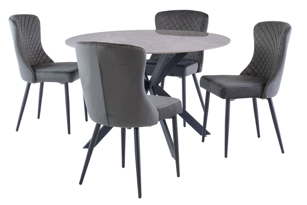 Oakwood Talia 1.2m Round Dining Table - Grey with Harley Velvet Dining Chairs - Graphite