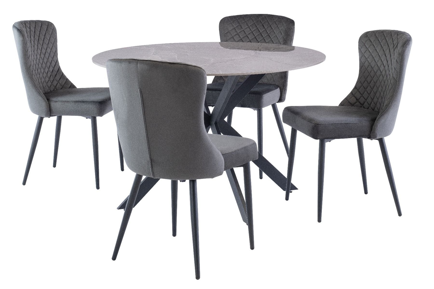 Oakwood Talia 1.2m Round Dining Table - Grey with Harley Velvet Dining Chairs - Graphite