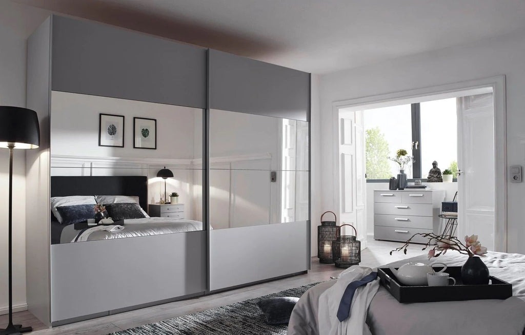 Oakwood Rauch Tarabo Silk Grey and Mirror Front Sliding Door Wardrobe