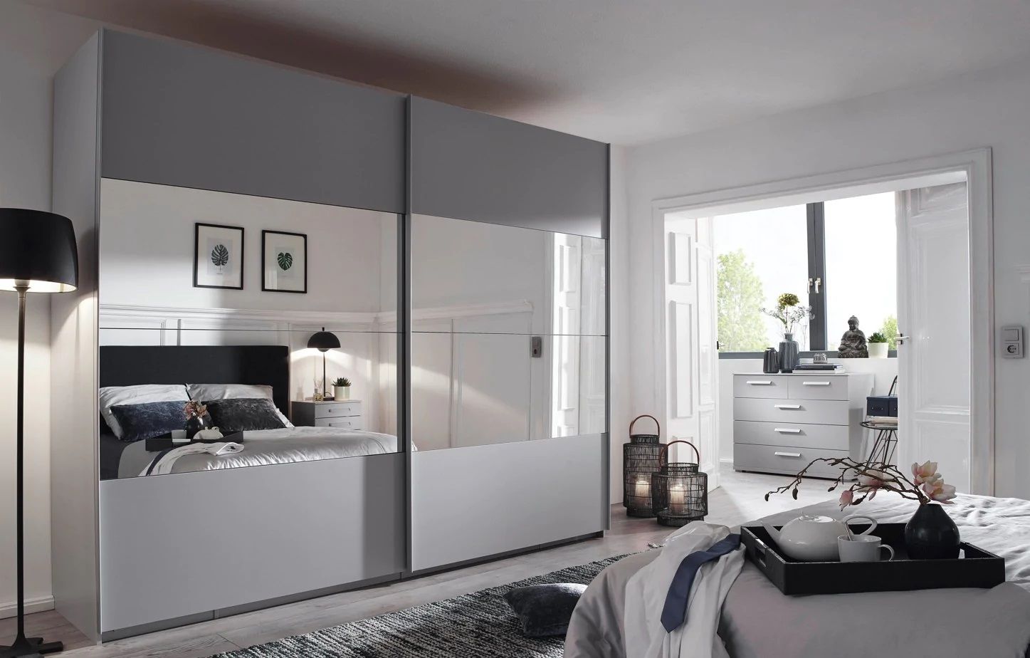 Oakwood Rauch Tarabo Silk Grey and Mirror Front Sliding Door Wardrobe