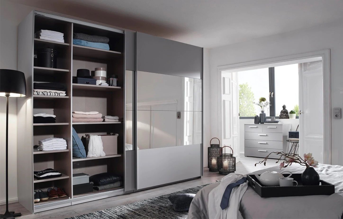 Oakwood Rauch Tarabo Silk Grey and Mirror Front Sliding Door Wardrobe