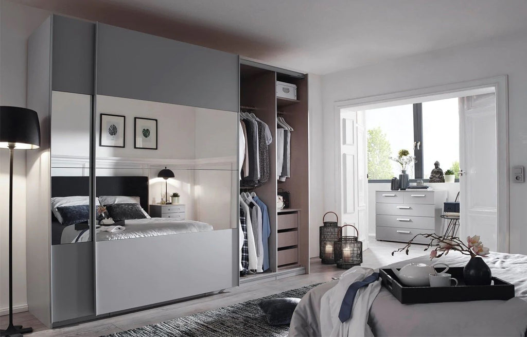 Oakwood Rauch Tarabo Silk Grey and Mirror Front Sliding Door Wardrobe