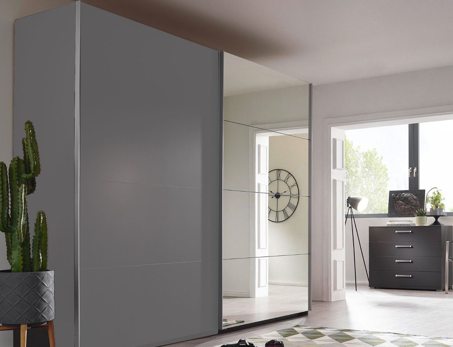 Oakwood Rauch Tarabo Silk Grey and Mirror Front Sliding Door Wardrobe