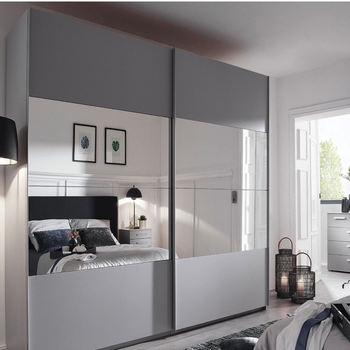 Oakwood Rauch Tarabo Silk Grey and Mirror Front Sliding Door Wardrobe
