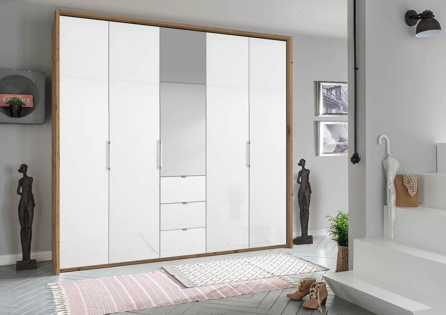 Oakwood Rauch Erimo Style 1 Oak & White Glass Bi-folding 5 doors Combi Wardrobe W254CM