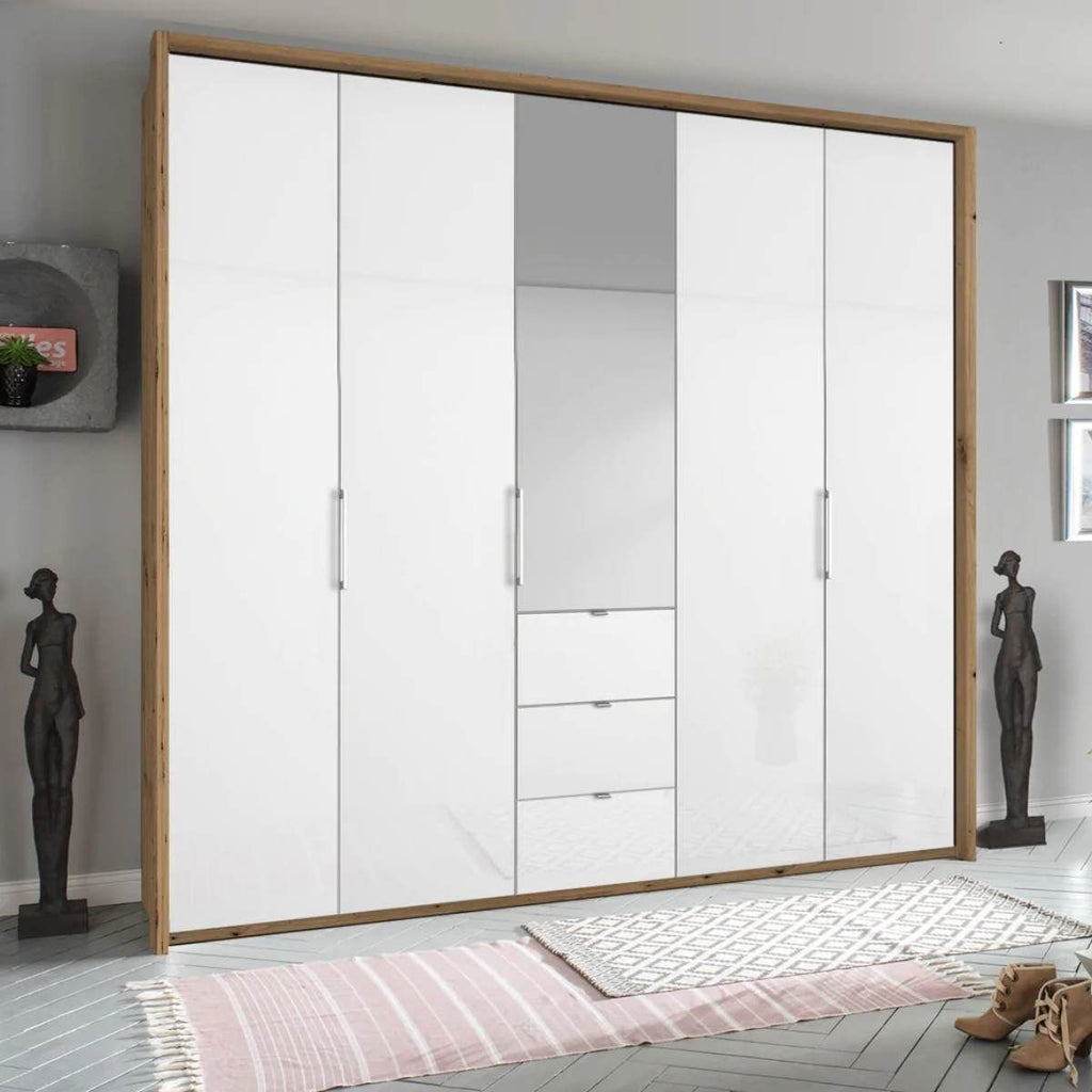 Oakwood Rauch Erimo Style 1 Oak & White Glass Bi-folding 5 doors Combi Wardrobe W254CM