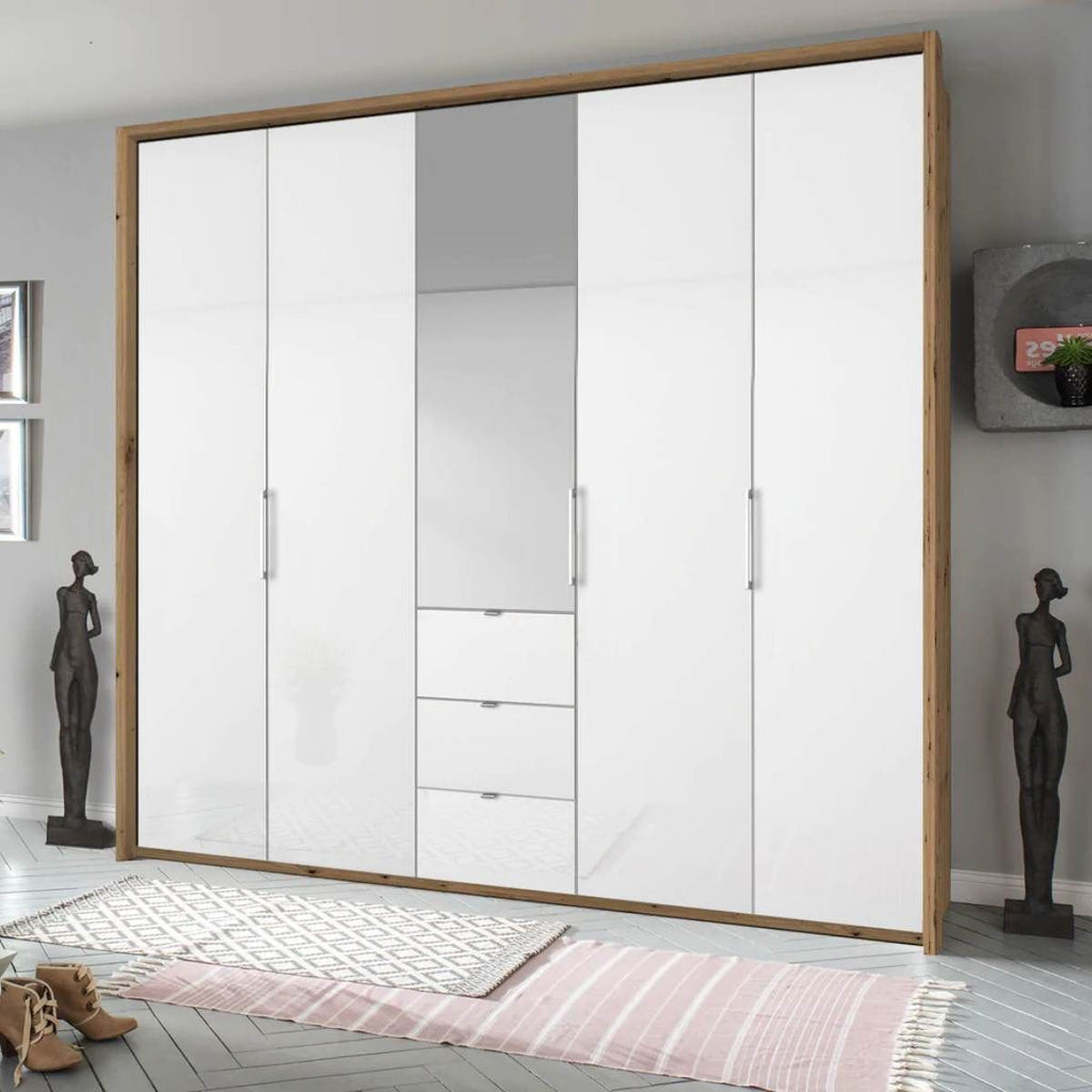 Oakwood Rauch Erimo Style 1 Oak & White Glass Bi-folding 5 doors Combi Wardrobe W254CM