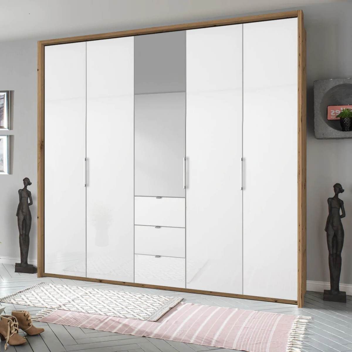 Oakwood Rauch Erimo Style 1 Oak & White Glass Bi-folding 5 doors Combi Wardrobe W254CM