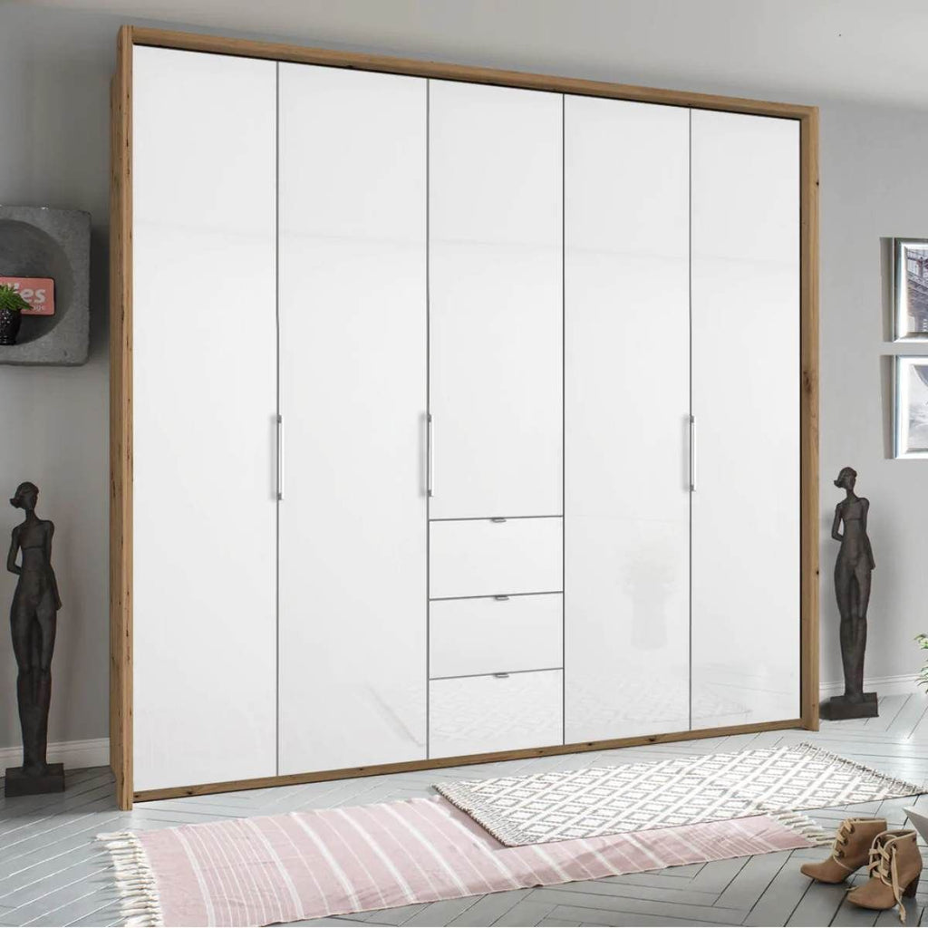Oakwood Rauch Erimo Style 1 Oak & White Glass Bi-folding 5 doors Combi Wardrobe W254CM