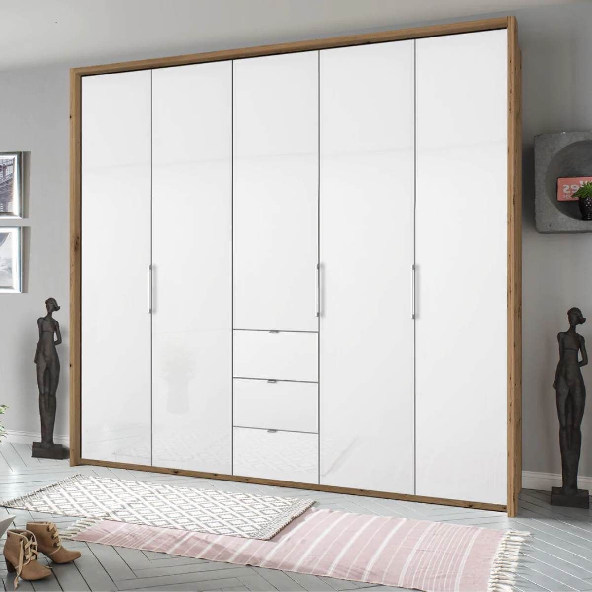 Oakwood Rauch Erimo Style 1 Oak & White Glass Bi-folding 5 doors Combi Wardrobe W254CM
