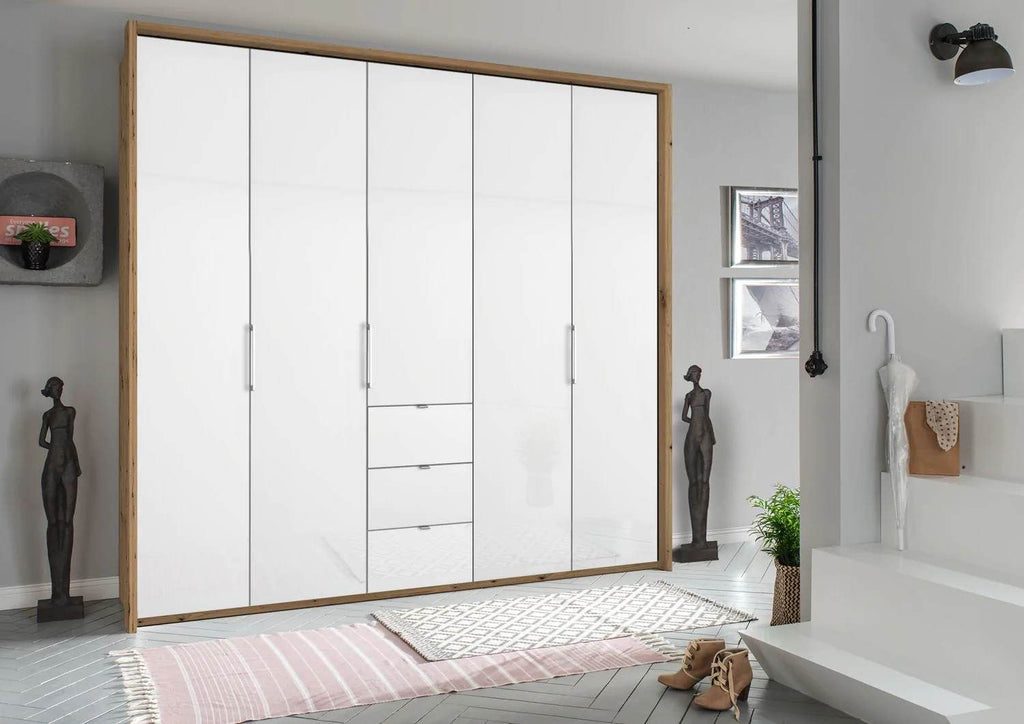 Oakwood Rauch Erimo Style 1 Oak & White Glass Bi-folding 5 doors Combi Wardrobe W254CM