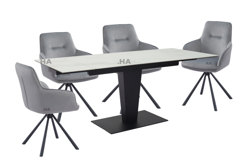 Oakwood Valentina Ceramic Ext White Dining Table With Nicole Swivel Dining Chairs
