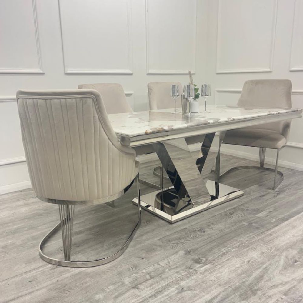 Oakwood Venice 1.8M Pandora White Marble Dining Table Set Chelmsford Dining Chairs