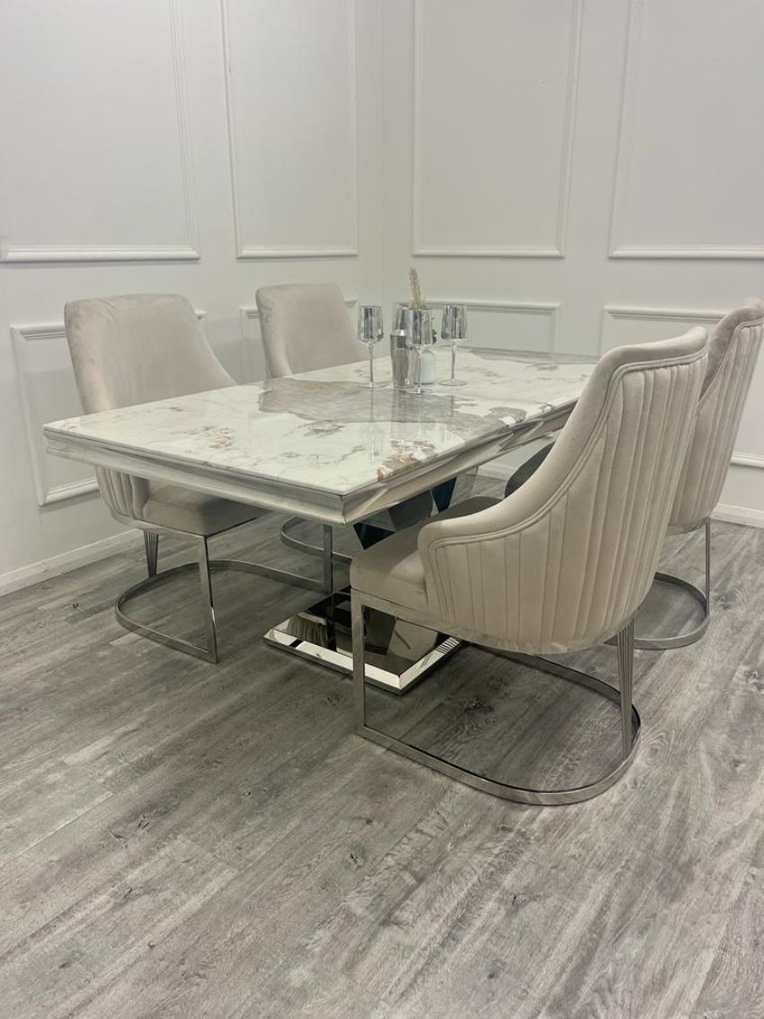 Oakwood Venice 1.8M Pandora White Marble Dining Table Set Chelmsford Dining Chairs