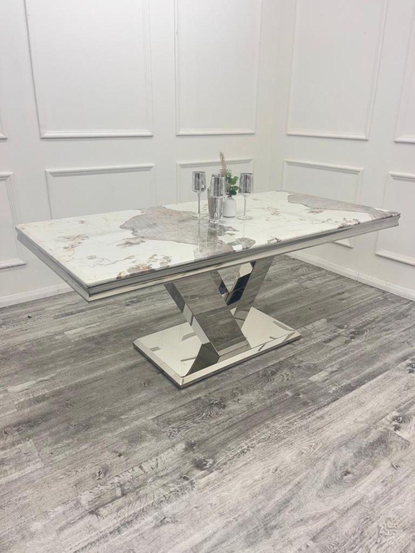 Oakwood Venice 1.8M Pandora White Marble Dining Table Set Chelmsford Dining Chairs