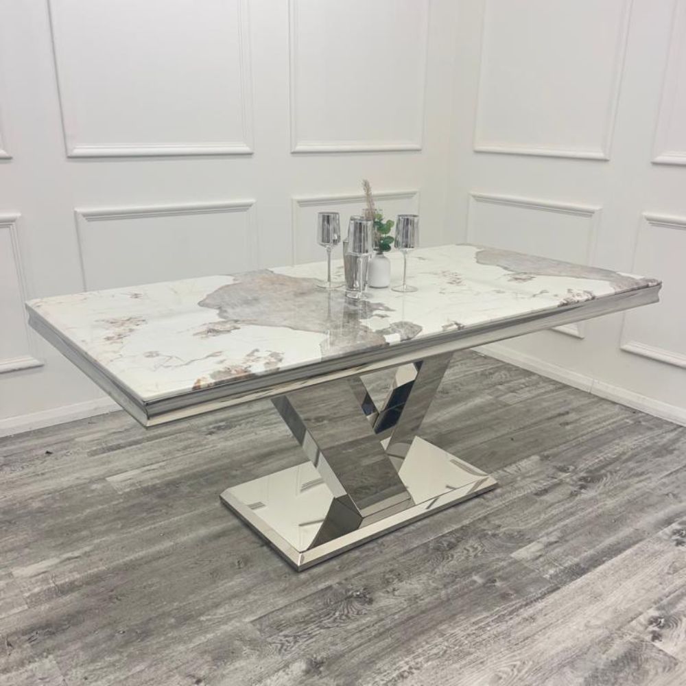 Oakwood Venice 1.8M Pandora White Marble Dining Table Set Chelmsford Dining Chairs