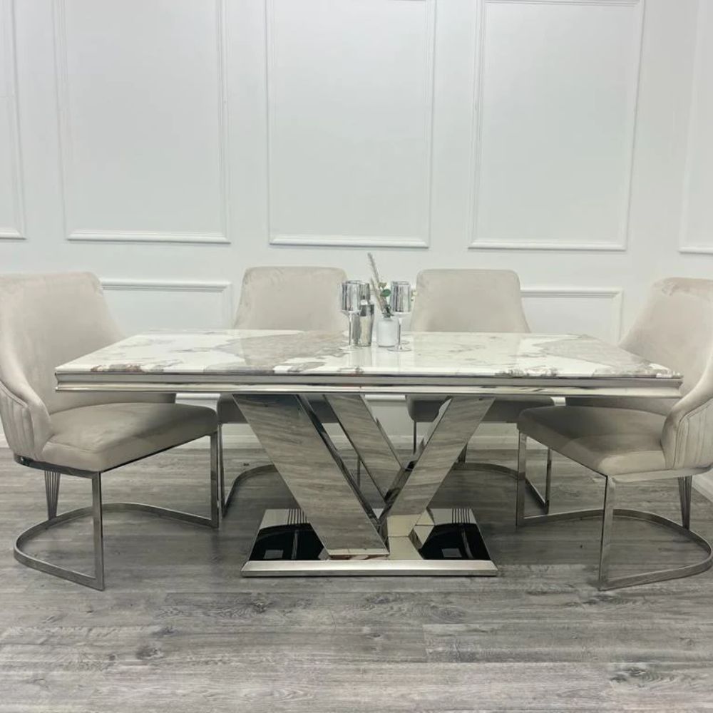 Oakwood Venice 1.8M Pandora White Marble Dining Table Set Chelmsford Dining Chairs