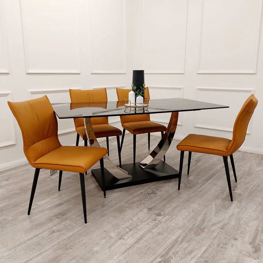 Oakwood Venus 1.6m Black Sintered Stone Top Dining Table With Flora Dining Chairs