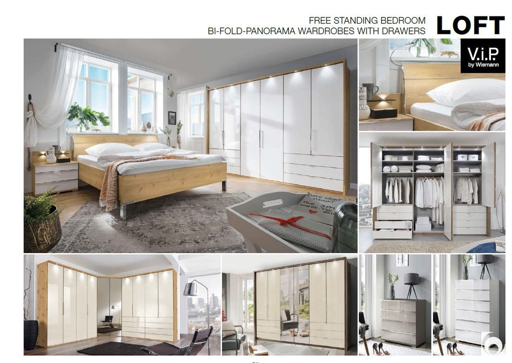 Oakwood Wiemann Loft White Glass 200CM Bi-Folding Doors Wardrobe With Drawers