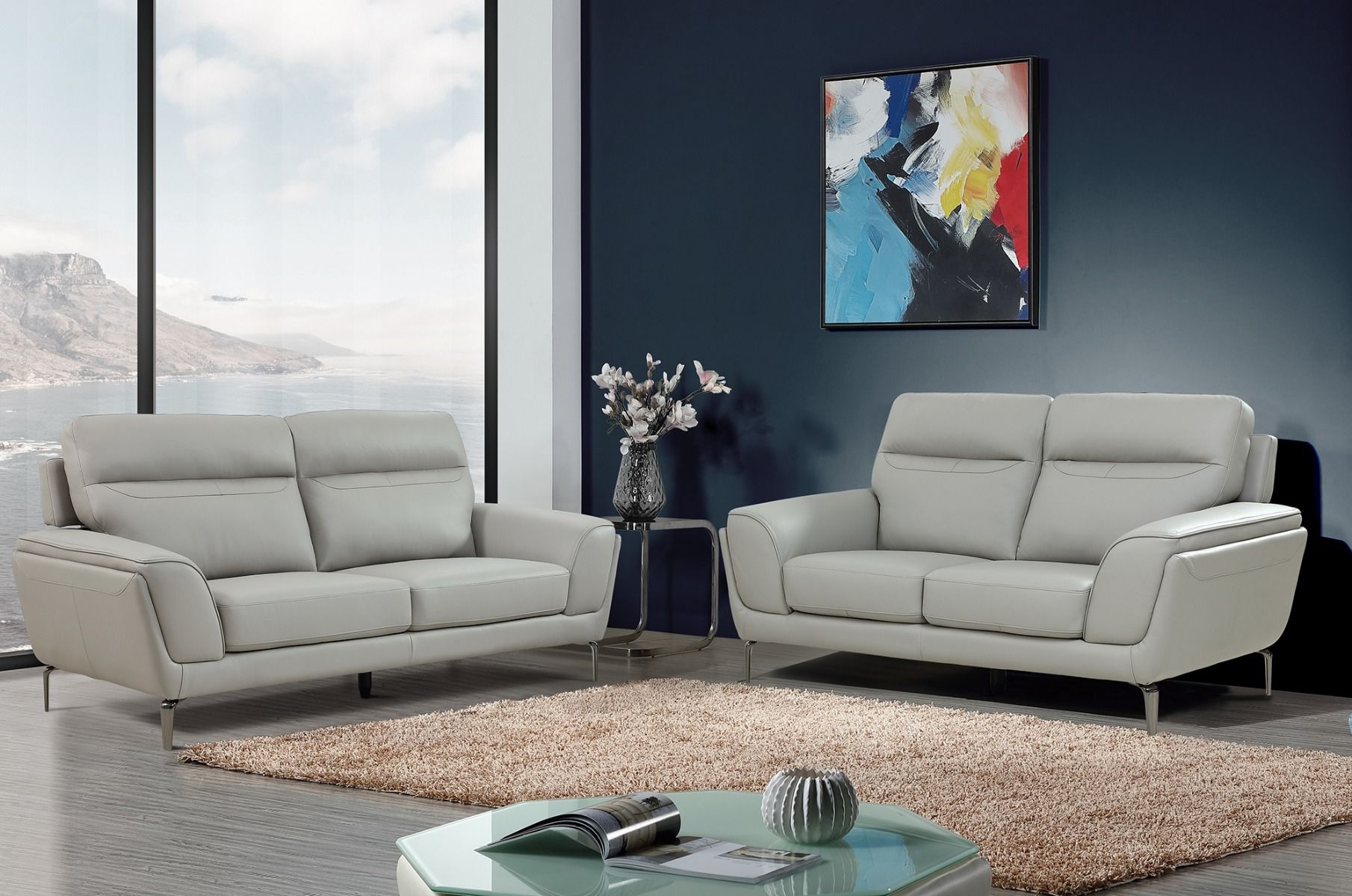 Oakwood Benita cool light grey leather 3 Seater Suite