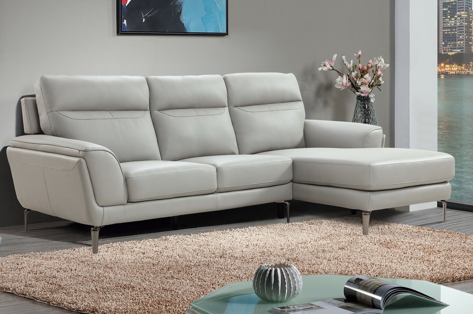 Oakwood Benita Cool Light grey leather Corner Suite
