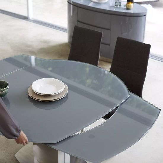 Oakwood Oscar Glass Top Swivel Extending Dining Table With Spinello Dining Chairs