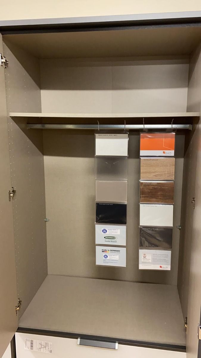Oakwood Rauch Essensa White Glass Front and Metallic Grey Corner Wardrobe