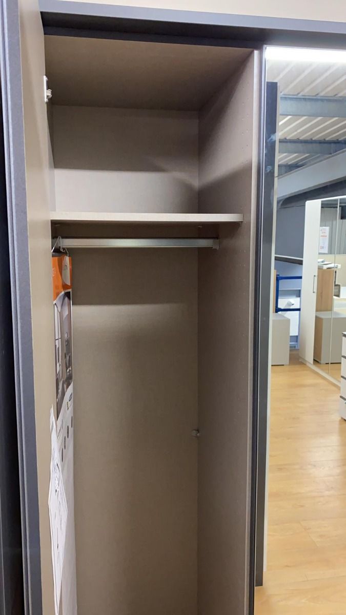 Oakwood Rauch Essensa White Glass Front and Metallic Grey Corner Wardrobe