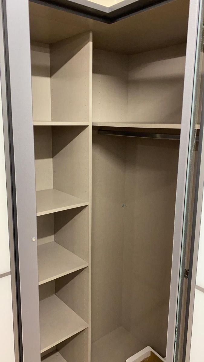 Oakwood Rauch Essensa White Glass Front and Metallic Grey Corner Wardrobe