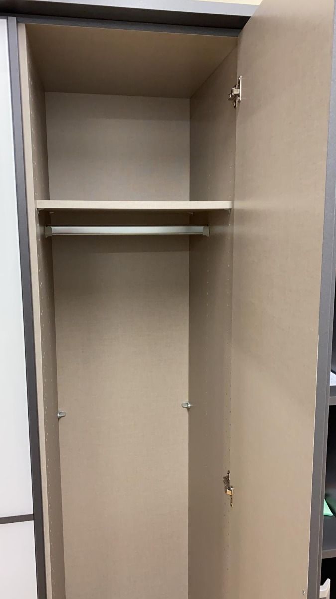 Oakwood Rauch Essensa White Glass Front and Metallic Grey Corner Wardrobe
