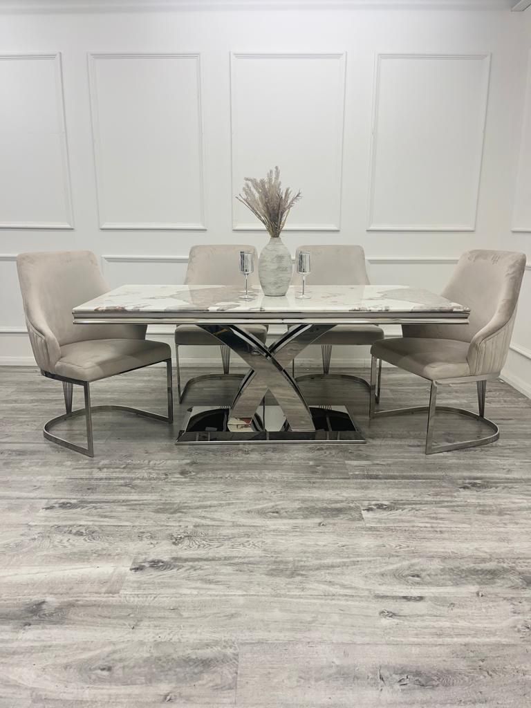 Oakwood Octavia 1.8M Pandora White Marble Dining Table Set Chelmsford Dining Chairs