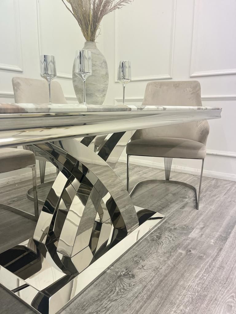 Oakwood Octavia 1.8M Pandora White Marble Dining Table Set Chelmsford Dining Chairs