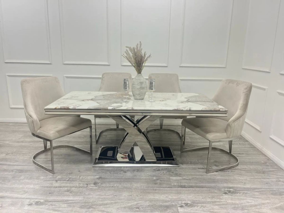 Oakwood Octavia 1.8M Pandora White Marble Dining Table Set Chelmsford Dining Chairs