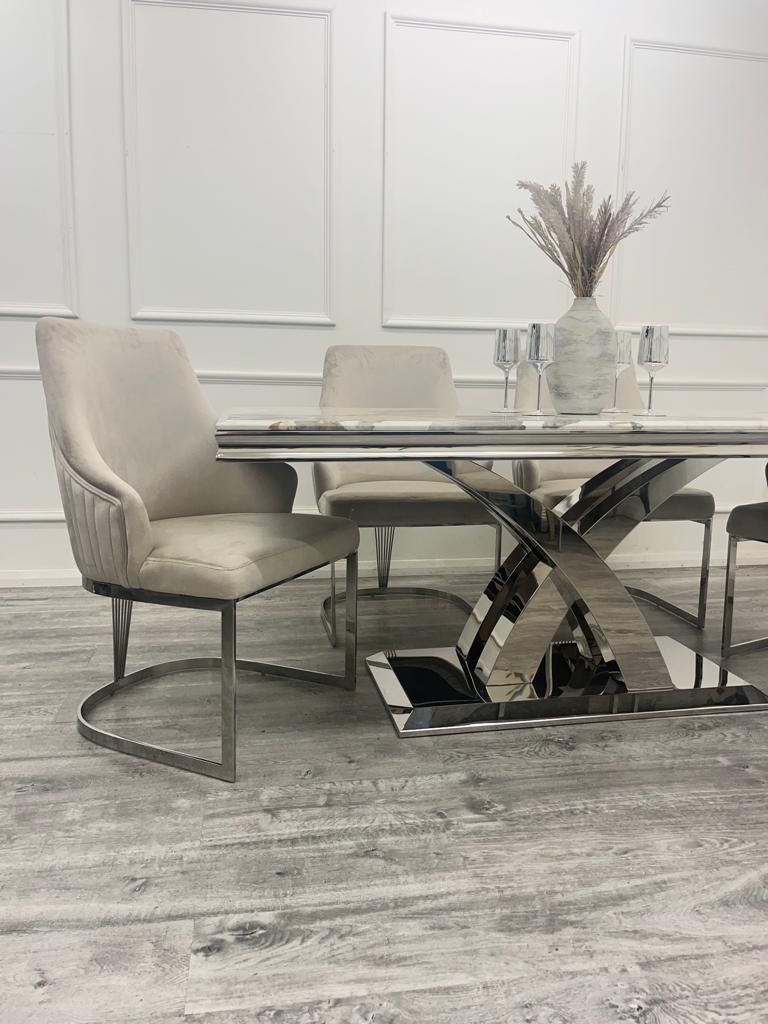 Oakwood Octavia 1.8M Pandora White Marble Dining Table Set Chelmsford Dining Chairs
