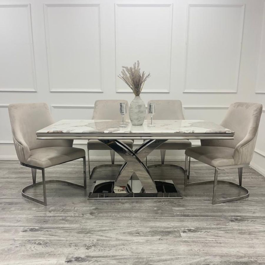 Oakwood Octavia 1.8M Pandora White Marble Dining Table Set Chelmsford Dining Chairs