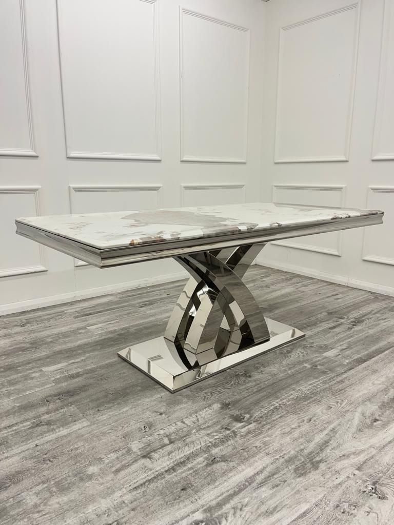 Oakwood Octavia 1.8M Pandora White Marble Dining Table Set Chelmsford Dining Chairs