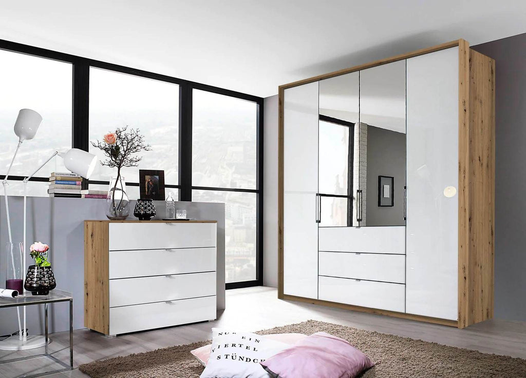 Oakwood Rauch Erimo Style 1 Oak & White Glass Bi-Folding Doors Combi Wardrobe